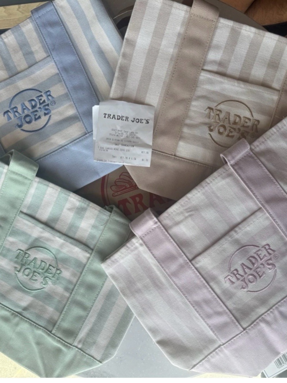 Trader Joe's Pastel Stripe Canvas Tote - Set of Soft Mint, Lavender, Blue, Beige
